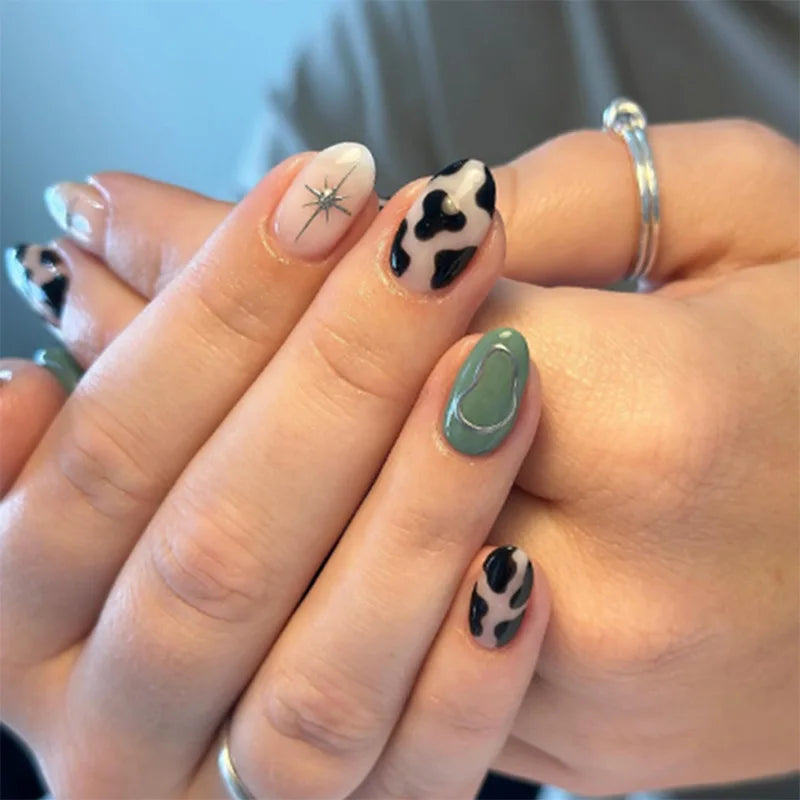 24Pcs Short Almond Press on False Nails French Black Stripe Polka Dot Fake Nails with Star Pearl Reusable Full Cover Nails Tips