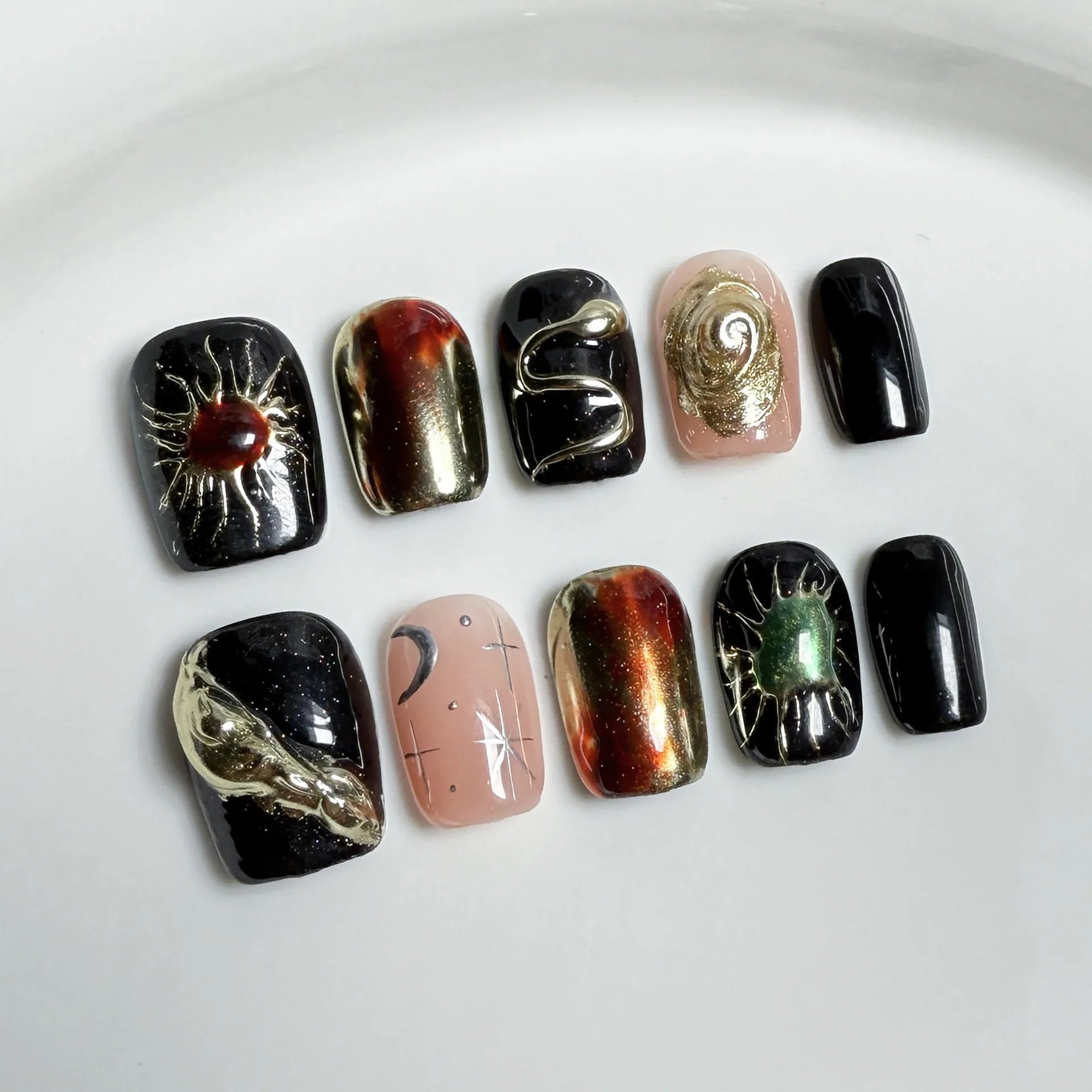 10Pcs Short Square Head Acrylic Nails Full Cover Metal Blue Cat's Eye Design Fake Nails Sweet Cool Reusable Nail for Spice Girls