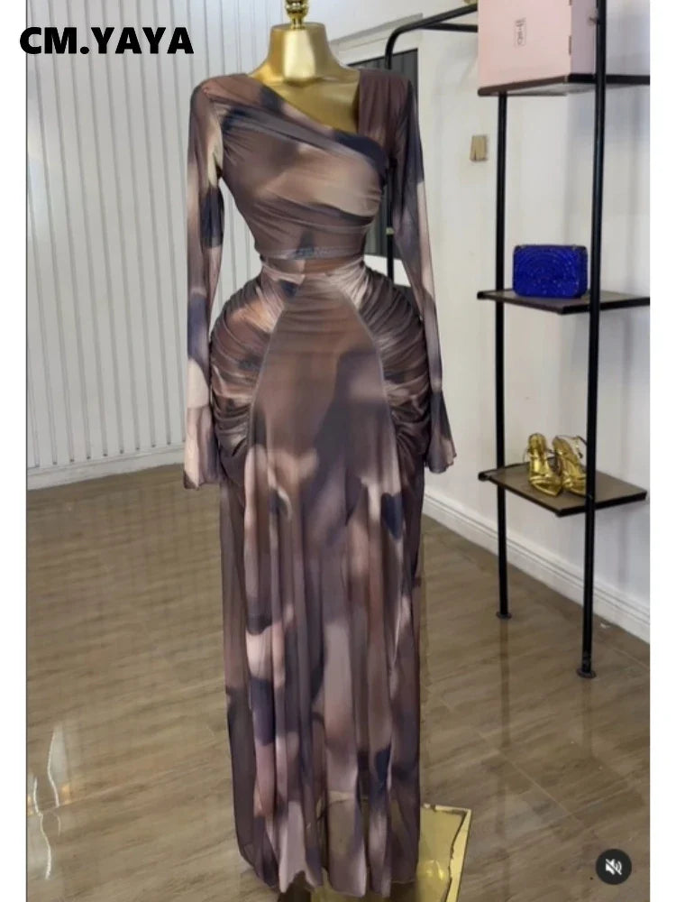 CM.YAYA Women Tie Dye Printed Skew Neck Flare Long Sleeve Ruched Stacked Maxi Long Dress 2025 Summer Birthday Sexy Party Dresses