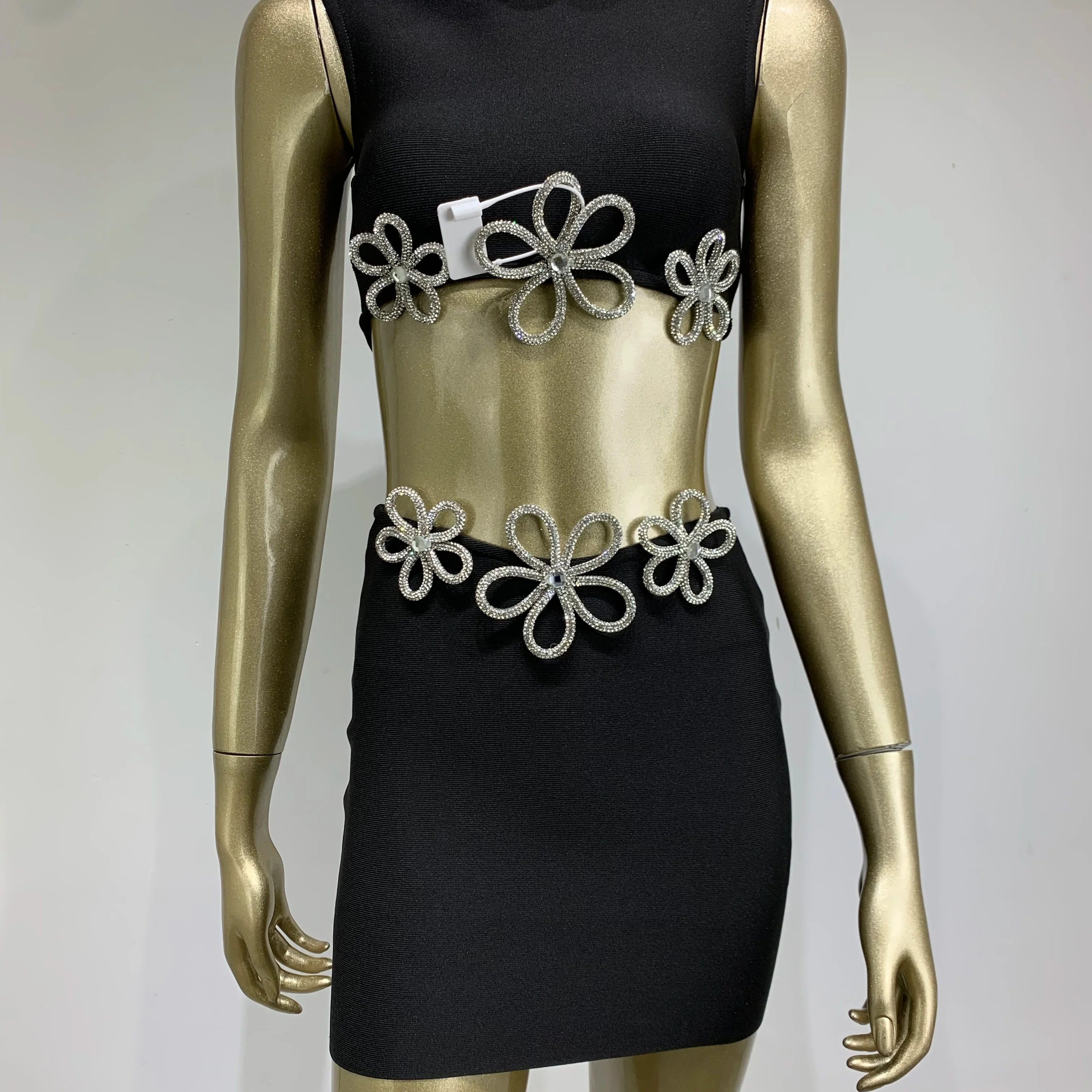 Conjunto de mini saia bandagem preta, sexy, sem mangas, diamantes, malha, elegante, vestido de festa para clube noturno