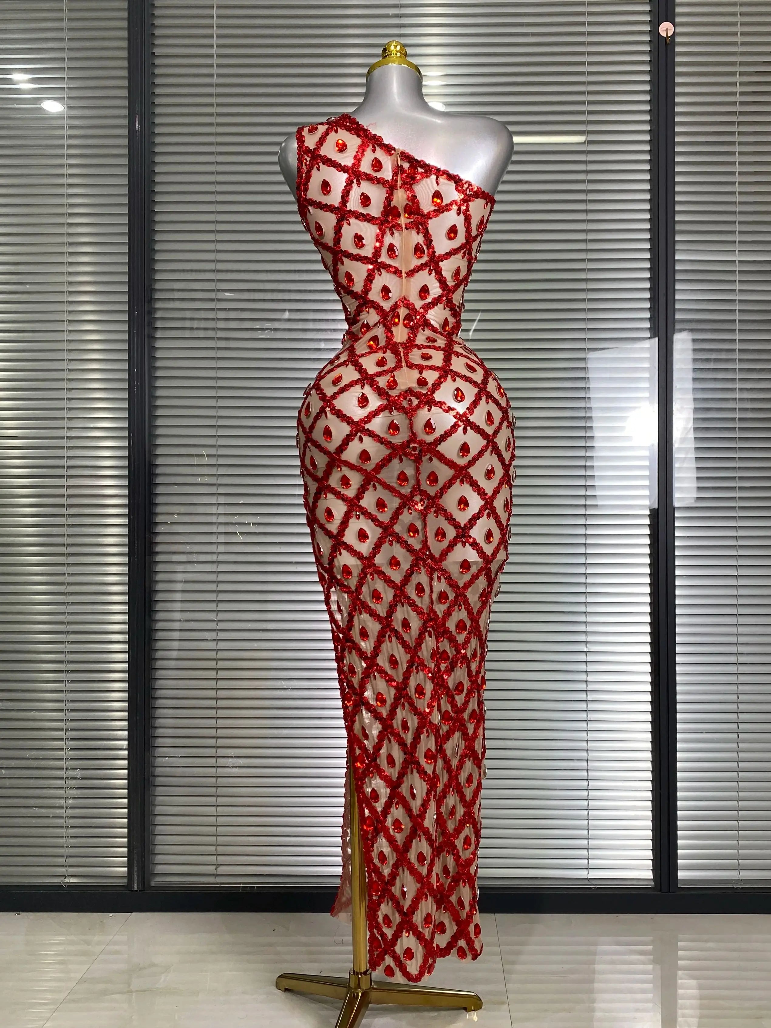 New Women Sexy One Shoulder See Through Crystal Diamonds Long Dress Birthday Party Costume Bar Singer Stage Performance Dress