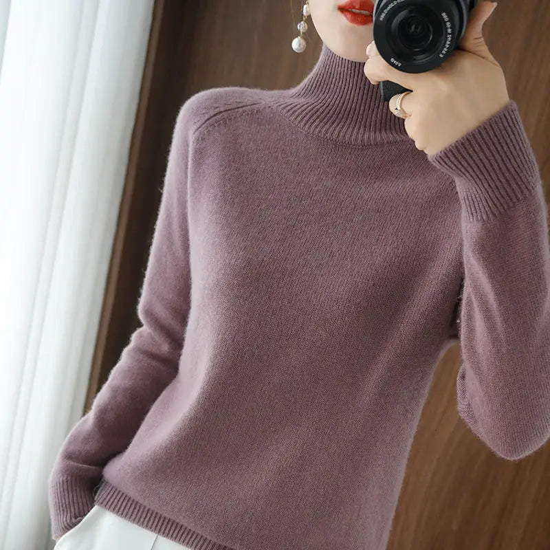 Turtleneck Pullover Fall/winter 2023 Cashmere Sweater Women Pure Color Casual Long-sleeved Loose Pullover Bottoming Women's Dark Purple