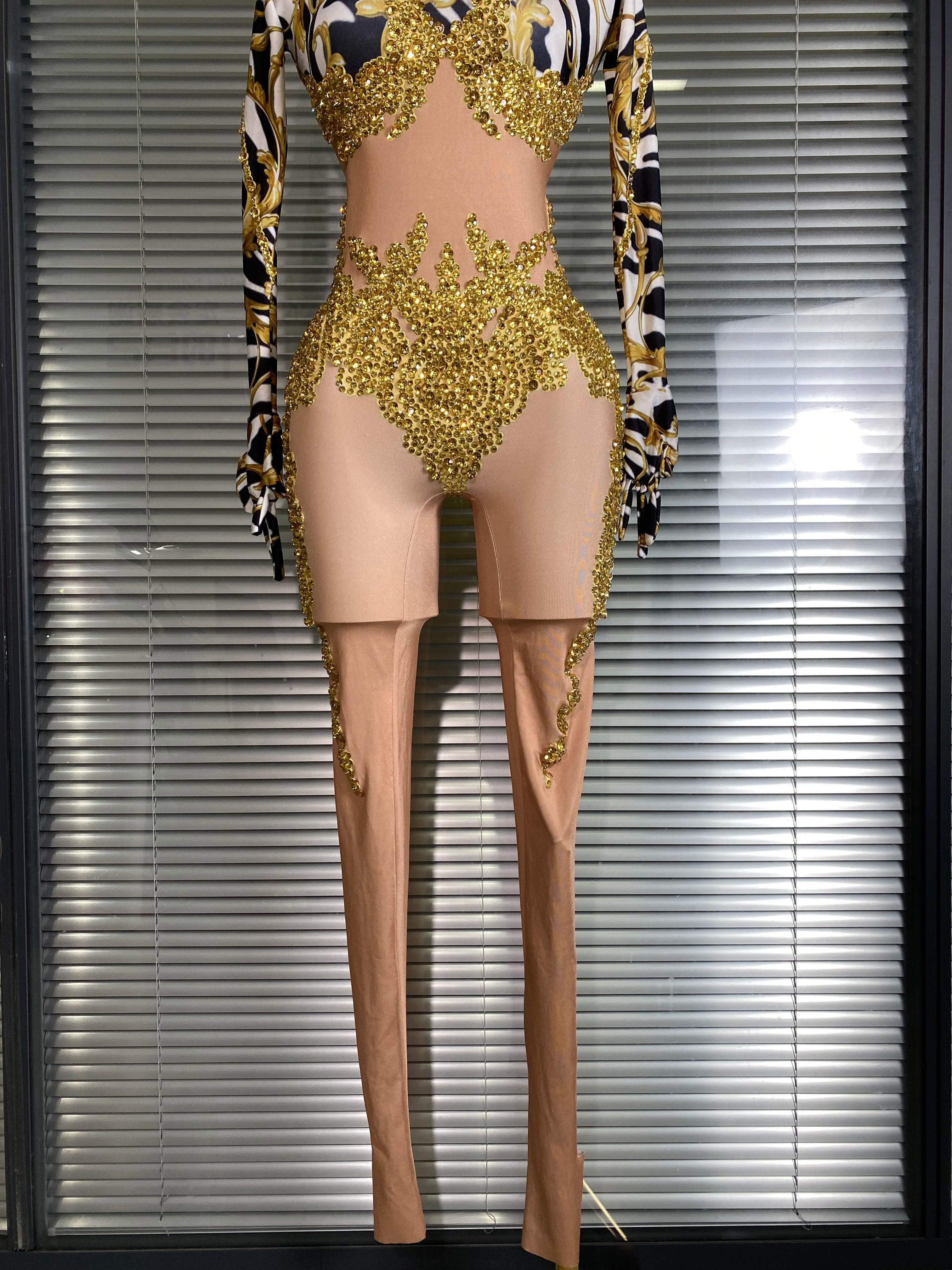 Women Sexy Skin Gold Bodycon Jumpsuit Celebrity Designer Singer Dancer Night Club Rompers