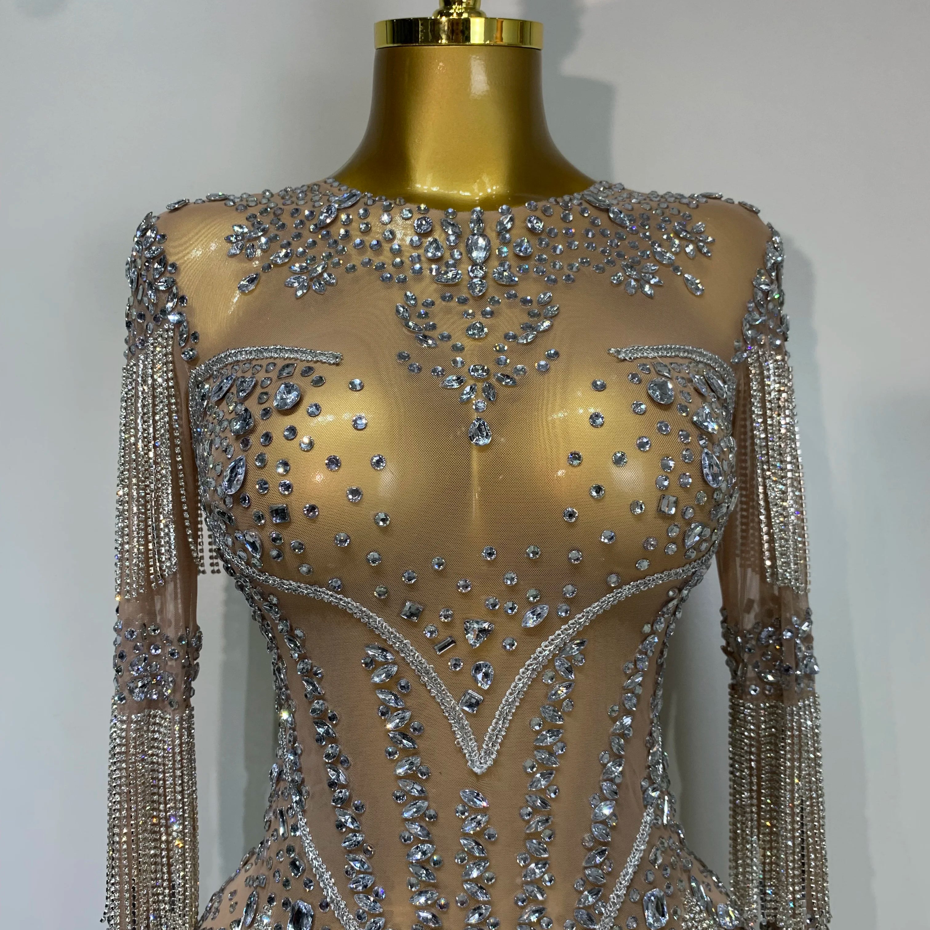 Women Sexy Mesh See Through Performance Dance Nightclub Rompers Singer Stage Outfit Sparkly Rhinestone Bodysuit Birthday Wear