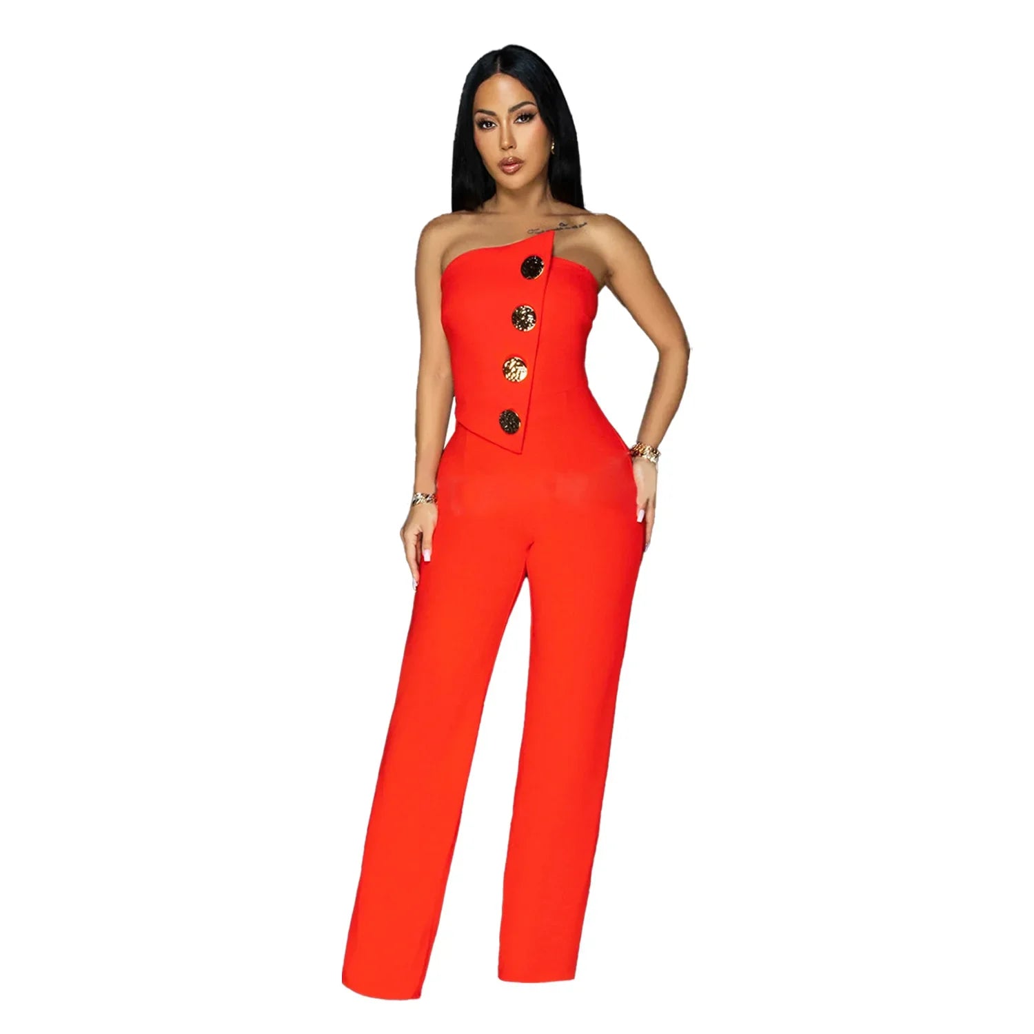 CM.YAYA Women's Elegant Button Strapless Sleeveless Irregular Girl Jumpsuits 2024 Fall Overalls Outfits Night Clubwear One Piece