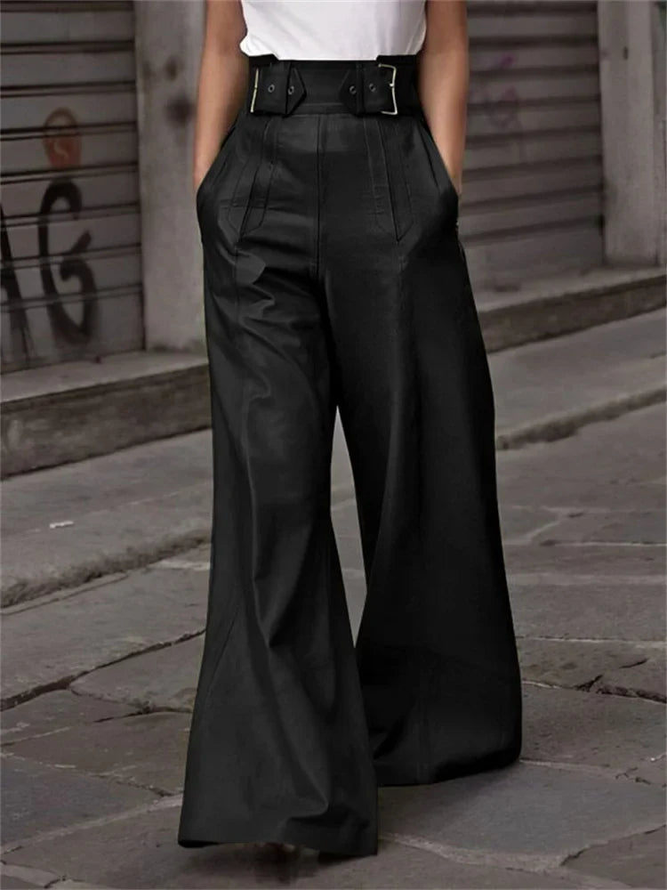 Modigirl Autumn Winter Women's Faux Pu Long Pants High Waisted Loose Pleated Pockets Streetwear Female Wide Leg Trousers Black