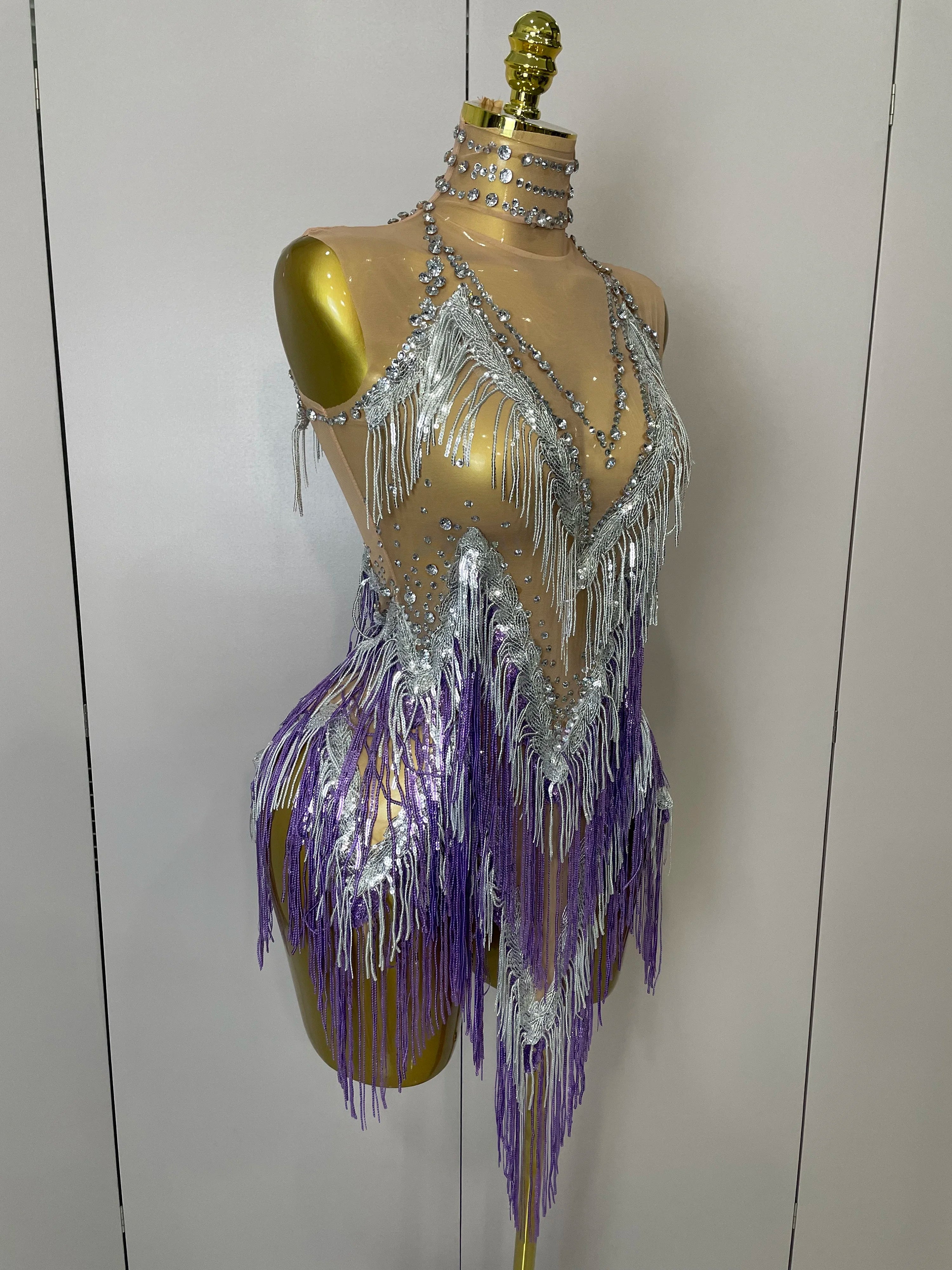 Stock 2025 Women Sexy Stretch Mesh Sparkly Rhinestone Tassels Mini Dress Nightclub Singer Dance Stage Costume Evening Gowns