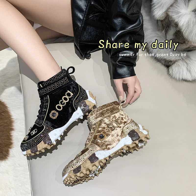 Ladies Vulcanized Shoes High Top Durian Sole Women Shoes Fashion Rhinestone Decoration Magic Sticker Lace Up Black Women Shoes
