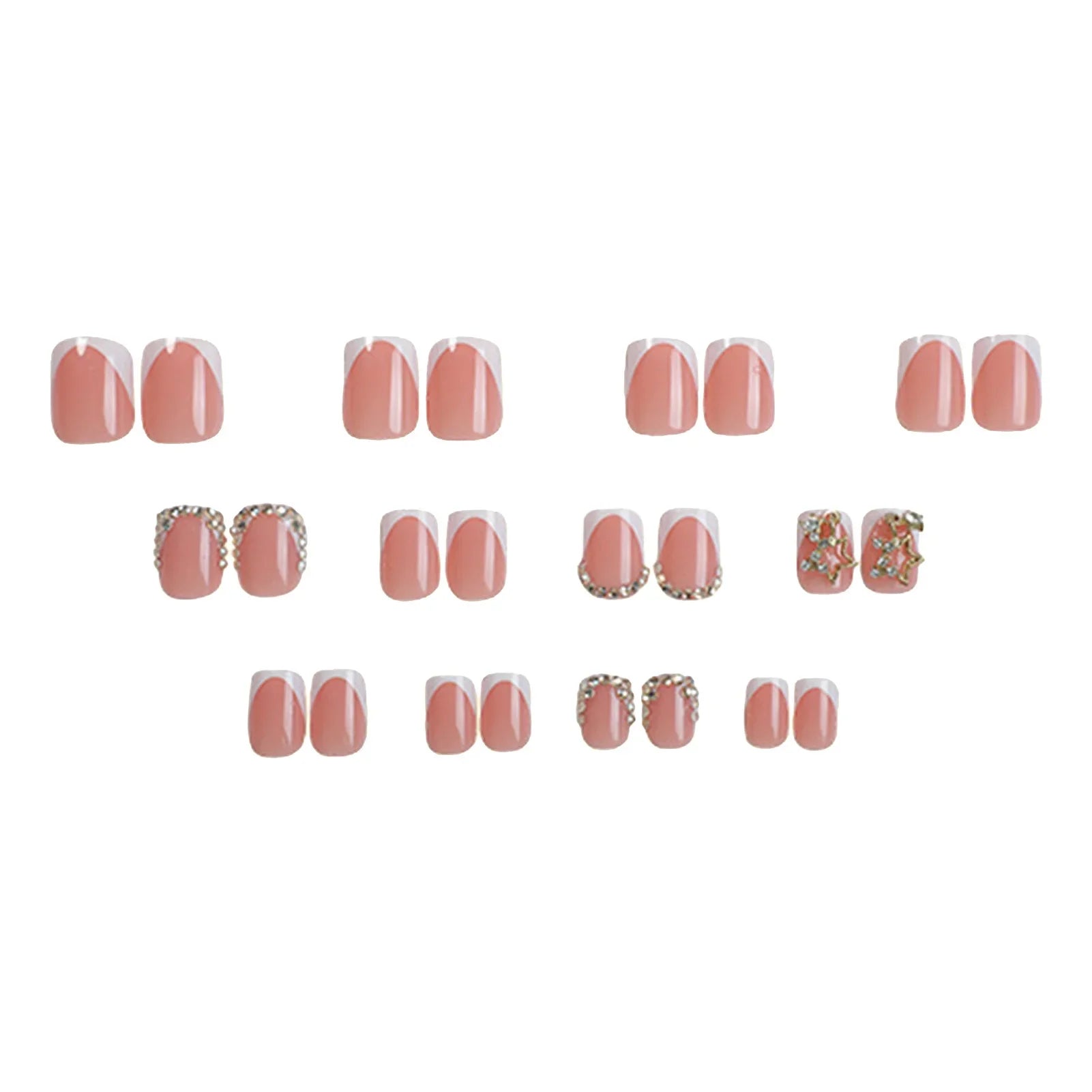 White French Fake Nails Short Square Head Press On Nails Shiny Rhinestone Alloy Star Designs Women Girls Year False Nails