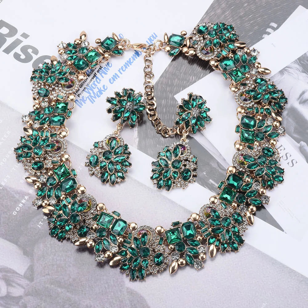 New Fashion Green Crystal Rhinestone Large Collar Big Big Choker Necklace Women Statement Indian Necklace Wedding Jewelry