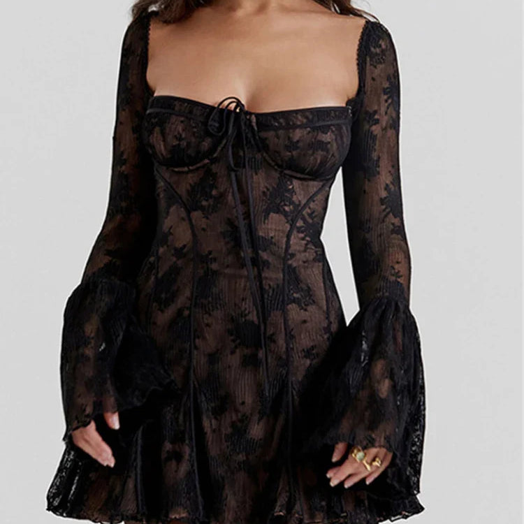 New Fashion Square Collar Long Flare Sleeve Backless Loose Club Party Dress Elegant Print Mini A-line Dress For Women Summer