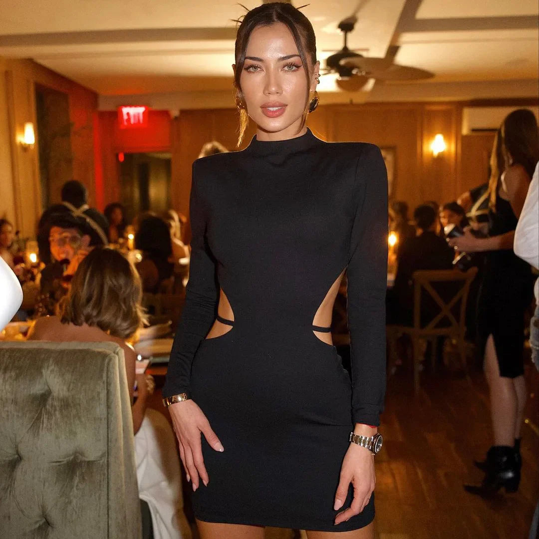 Cryptographic Sexy Backless Bandage Mini Dress Elegant Outfits for Women Party Club Long Sleeve Bodycon Dresses In Black Vestido black
