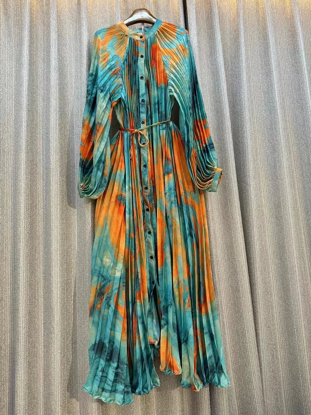French Chic Print Pleated Maxi Party Dress For Women Retro Single Breasted Long Sleeve A-line Autumn Casual Vacation Female Robe Blue orange One Size