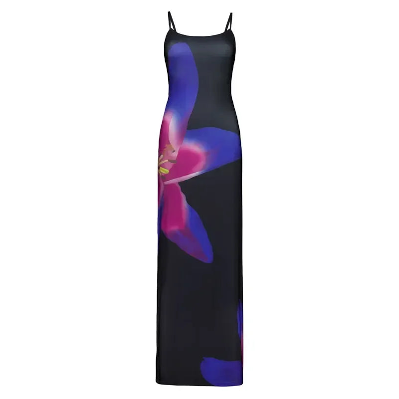 Tossy Spaghetti Strap Lily Floral Slip Dress Summer Casual Printed Maxi Dresses Backless Bodycon Slim Boho Long Sundress Blue