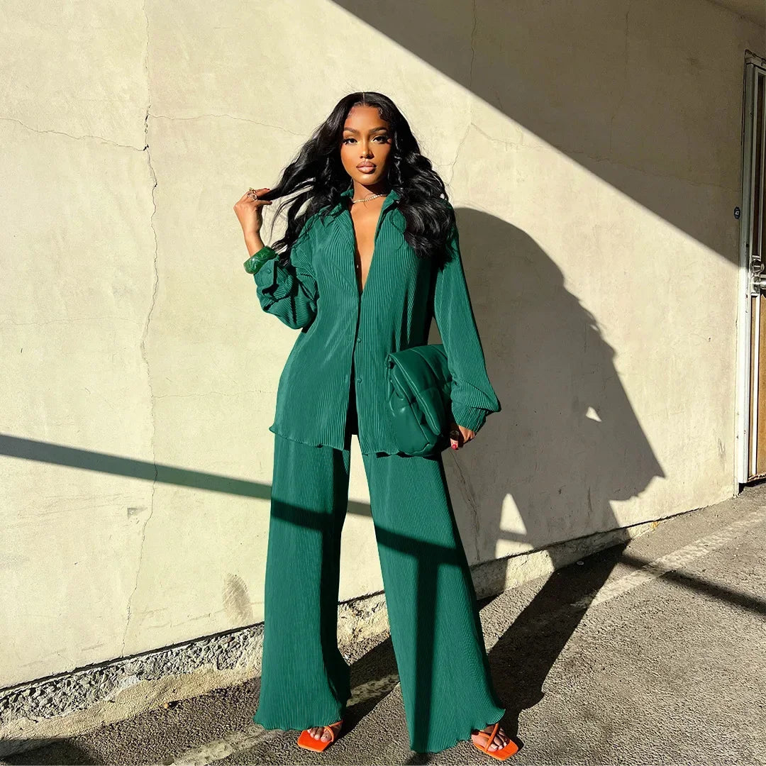 CM.YAYA Street Women's Set Long Sleeve Shirt Tops and Wide Leg Pants Elegant Tracksuit Two Piece Set Sweatsuit Fitness Outfits