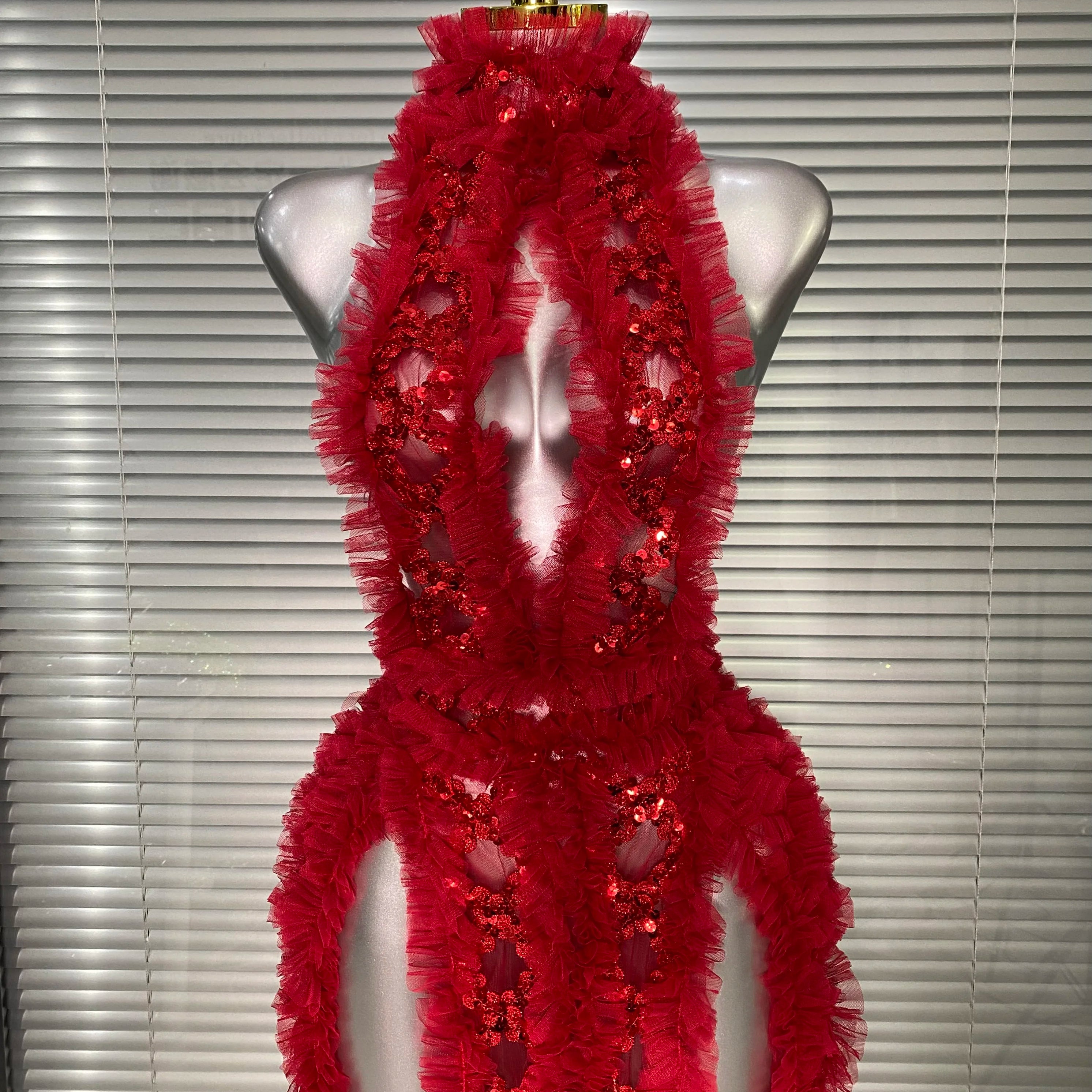 Ins New Women Sexy See Through Sequins Sparkly Red Pink Long Maxi Dress Party Costume Singer Stage Performance Dress