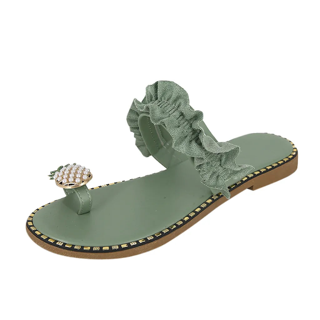 Women Slipper Pineapple Pearl Flat Toe Bohemian Summer Beach Sandals Ladies Shoes plus size Mujer Verano