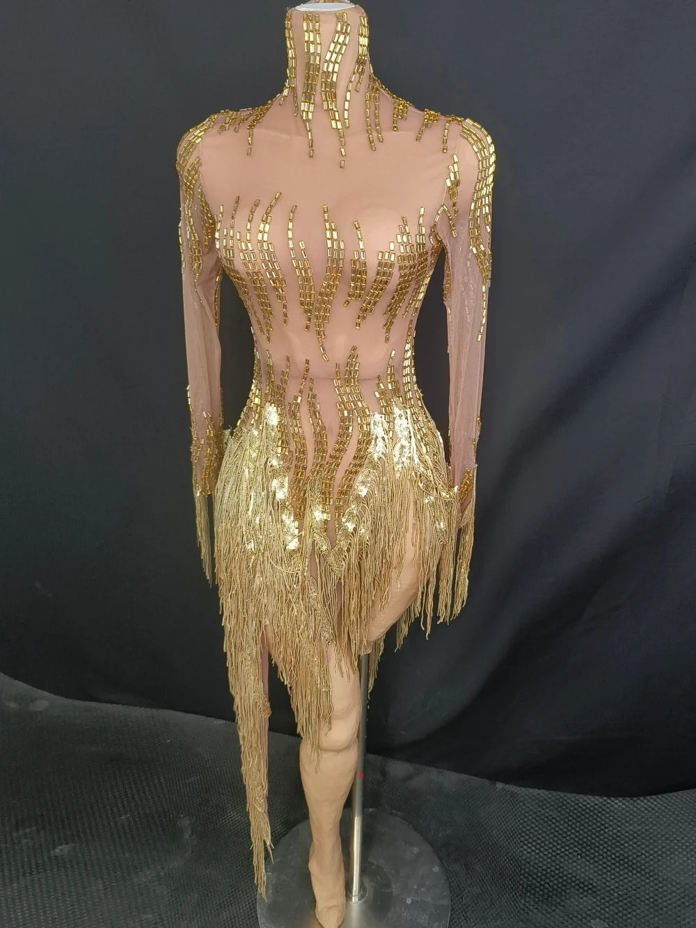 Women Sexy Mesh Gold Crystal Stretchy Night Club See Through Singer Dancer Tassel Stage Costume Mini Party Dress