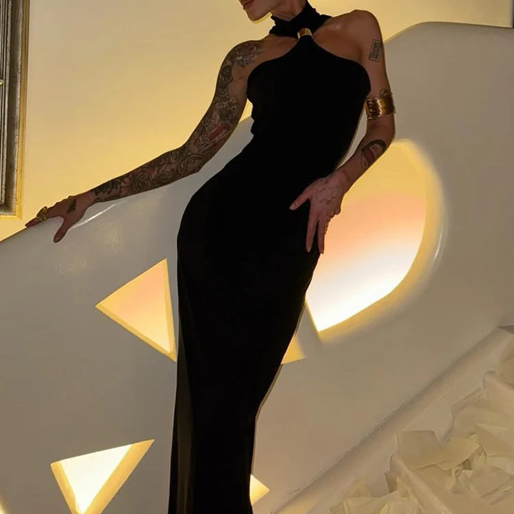 Turtleneck Off-shoulder Sexy Knit Maxi Dress For Women Gown Metal Buckle Strapless Sleeveless High Waist Knitted Dress