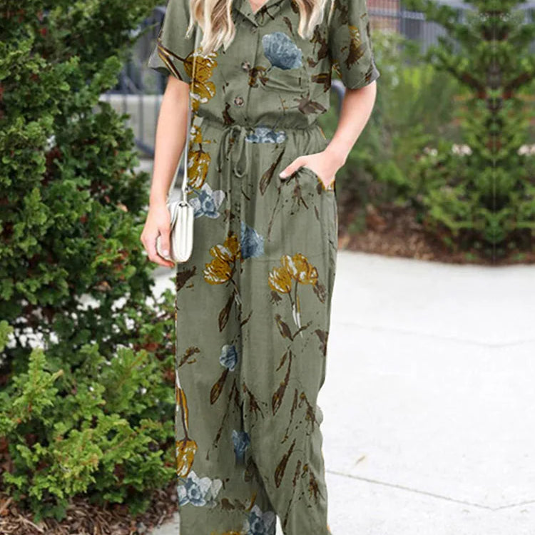 Summer Women Jumpsuits Casual Lapel Neck Short Sleeve Long RompersVintage Floral Print Wide Leg Overalls Loose Playsuits GRAY
