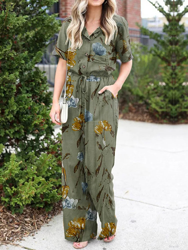 Summer Women Jumpsuits Casual Lapel Neck Short Sleeve Long RompersVintage Floral Print Wide Leg Overalls Loose Playsuits GRAY