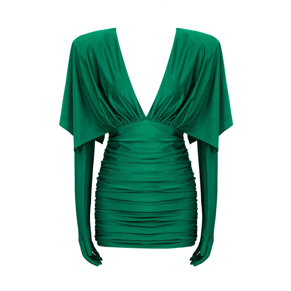 VC Fashion Streetwear Women'S Dress For Special Event Sexy V Neck Draped Design Green Slim Thin Mini Dress With Gloves