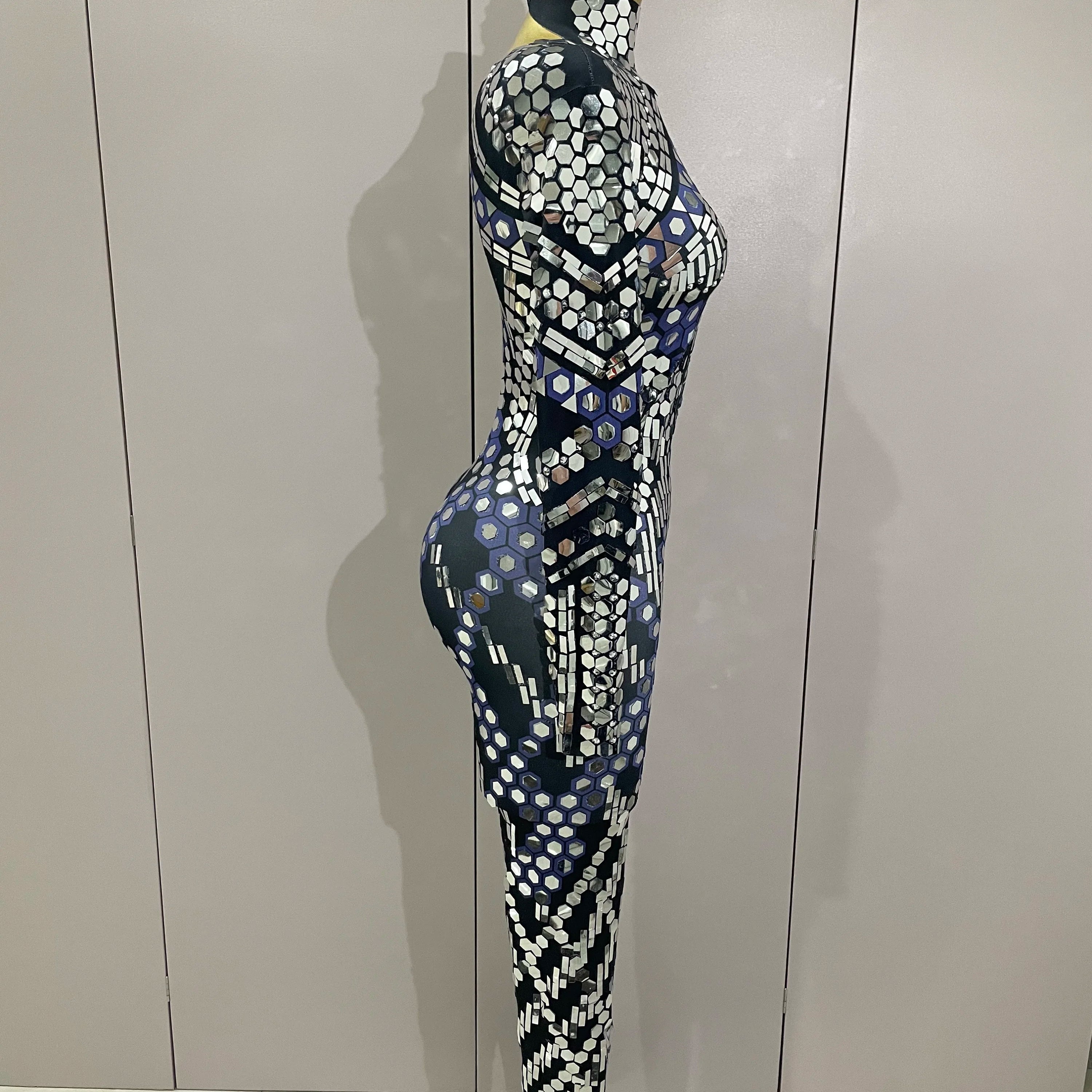 Sexy Shiny Silver Sequins Mirror Black Spandex Jumpsuit 2025 Women Prom Dancer Singer Costume Evening Birthday Show Stage Outfit