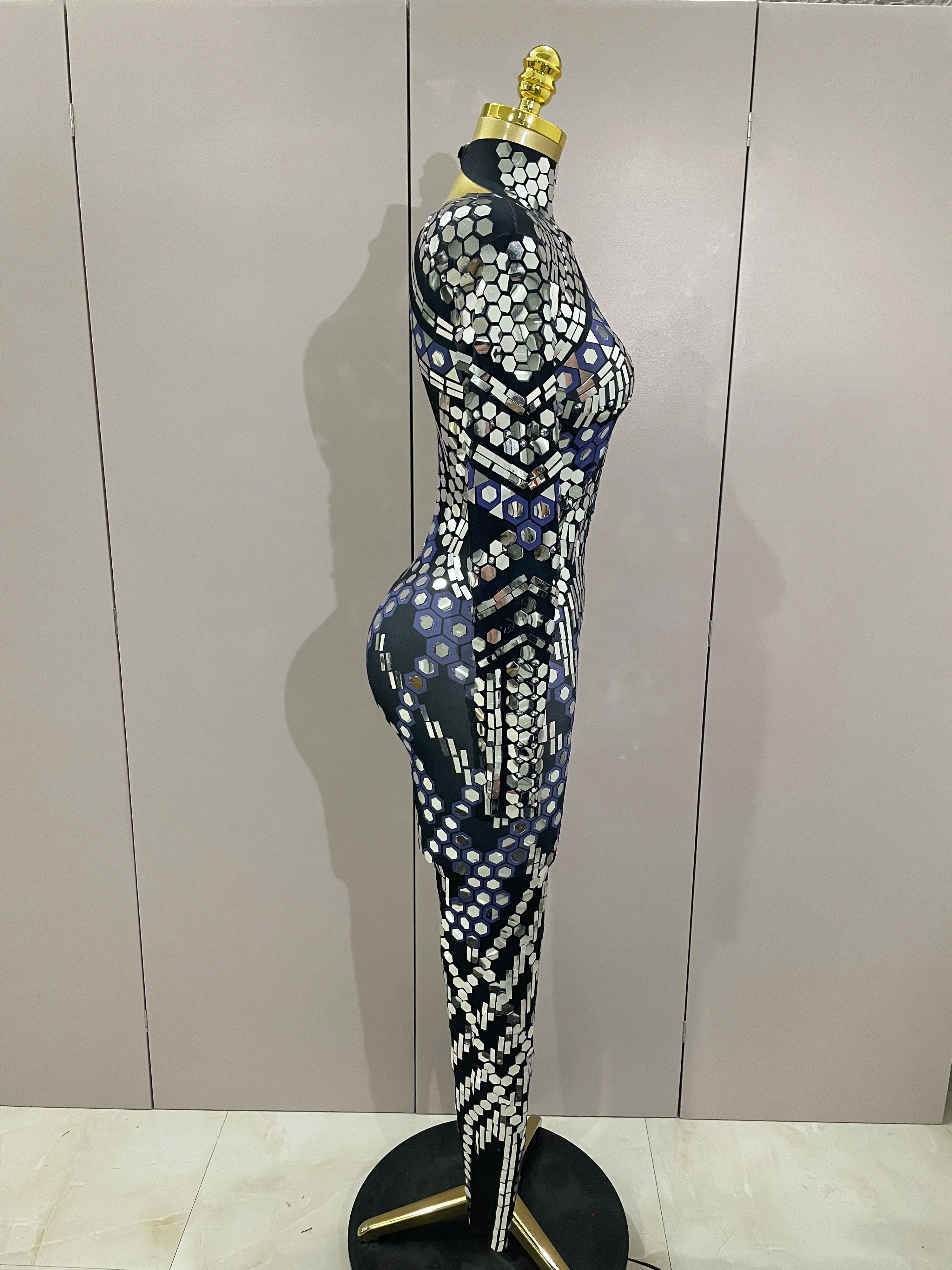 Sexy Shiny Silver Sequins Mirror Black Spandex Jumpsuit 2025 Women Prom Dancer Singer Costume Evening Birthday Show Stage Outfit