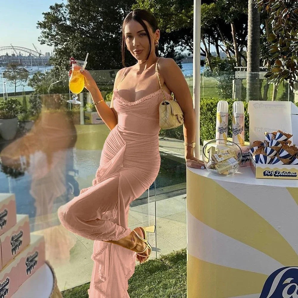 Suninheart Irregular Mesh Party Dresses 2024 New Arrivals Spaghetti Strap Bodycon Dress Fashion Ruched Long Dress Women