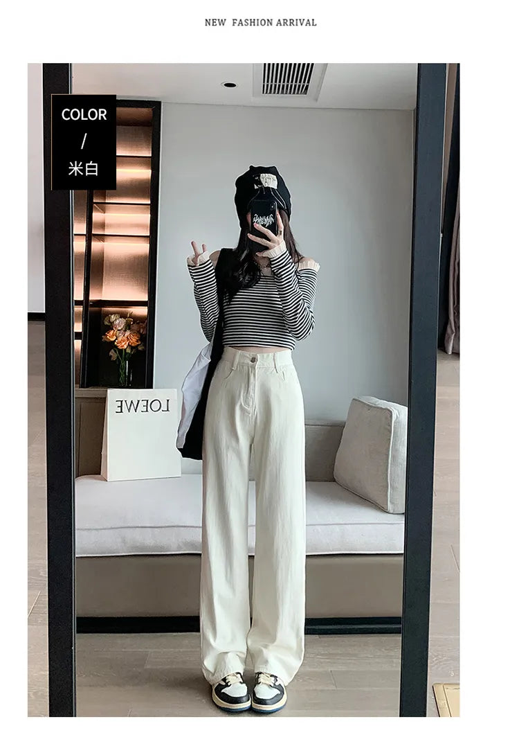 Women's High Waist Wide Leg Jeans Summer Thin Vintage Straight Leg Pants Fashionable Floor Mopping Jeans Off white