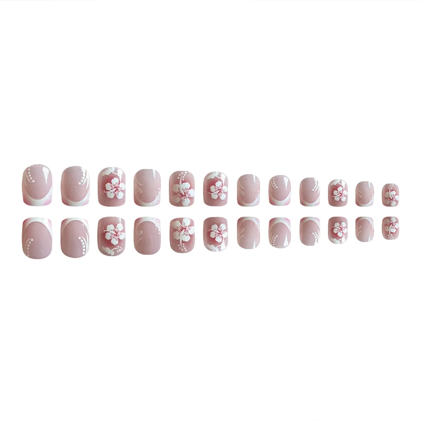 White French Fake Nails with Flower Printed 24Pcs Blush Pink Press On Nails Short Square False Nails Tips DIY Charm Manicure