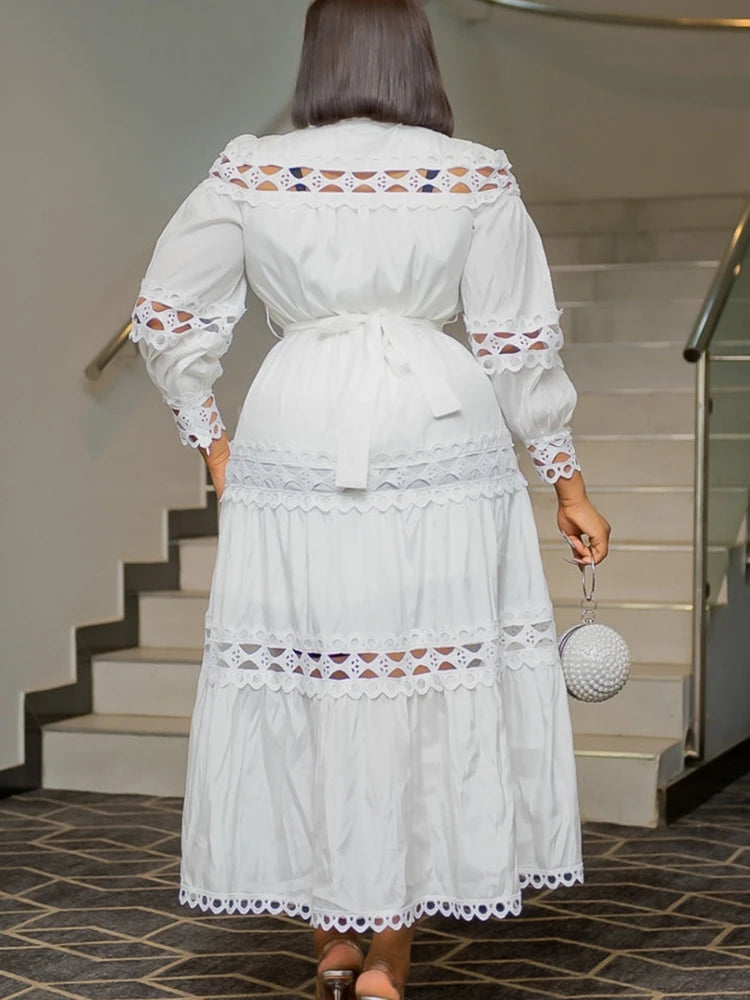 Elegant Women Hollow Out Lace Splice Mock Neck Lantern Long Sleeve Midi Dress with Belt Casual Party Club Outfits Plus Size