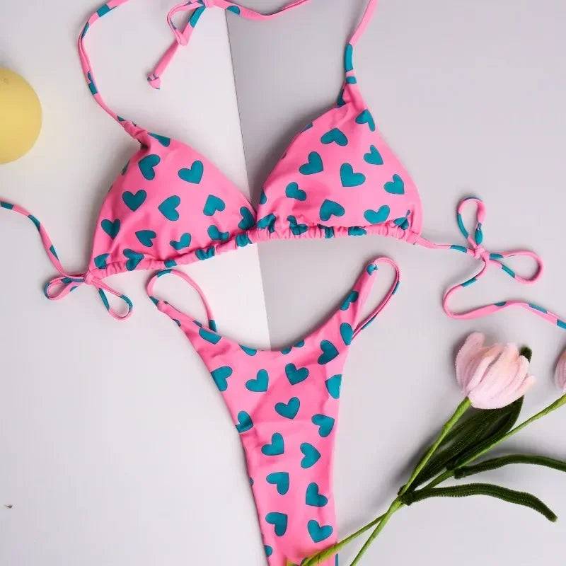 QINJOYER Pink Swimwear Women Brazilian Bikini Cute Heart Print Swimsuit Sexy Thong Bikini Set 2023 Bathing Suit Women Beachwear