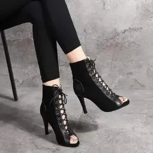Sandals Hollowed Mesh Heels Belt Buckle Women's Summer Beige Lace-up Sexy Open Toe Boots Stiletto Jazz Dance Party Ladies Shoes 880-1 2