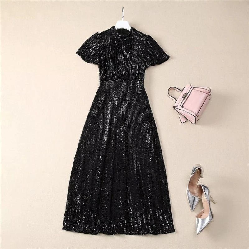 TWOTWINSTYLE Solid Spliced Sequins Fashion Dresses for Women Round Neck Short Sleeves Patchwork Folds Elegant Dress Female New