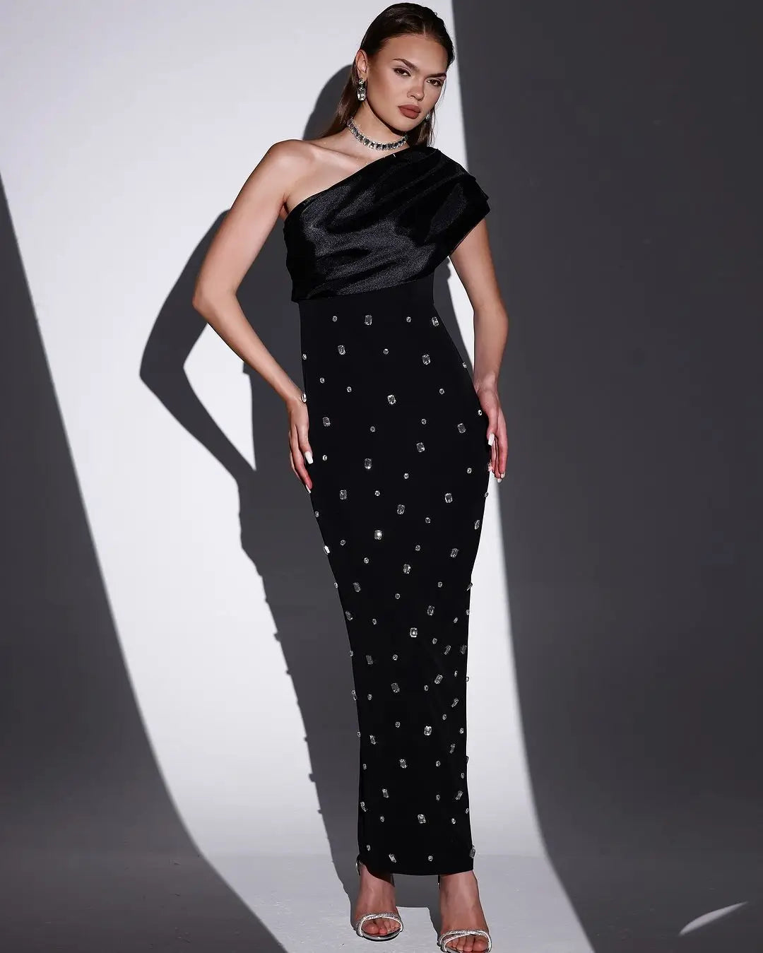 Rosered Black Color Women Sexy One Shoulder Shinning Crystal Bodycon Bandage Long Dress Celebrate Fashion Evening Party Outfit