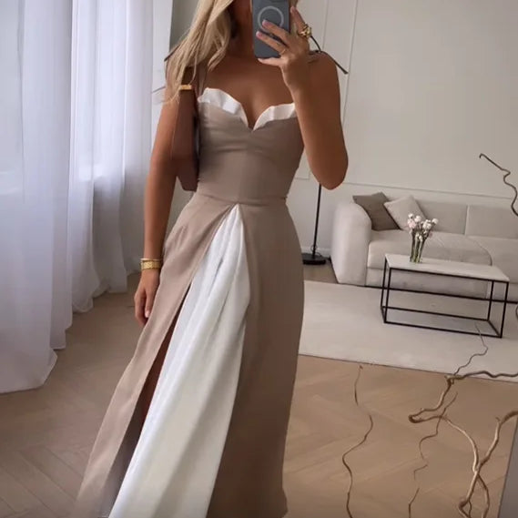 Women Maxi Dress Summer Fashion Casual V Neck Sling Nipped Waist Slits Loose Elegant Beach Sexy High Street Wear Khaki