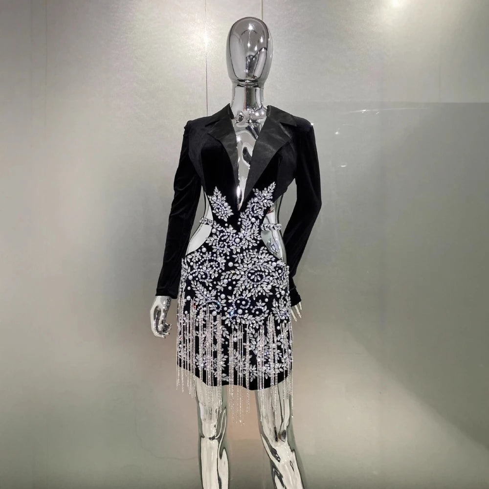 TWOTWINSTYLE Slimming Hollow Out Spliced Diamond Luxurious Dresses for Women Lapel Long Sleeve Patchwork Tassels Dress Female