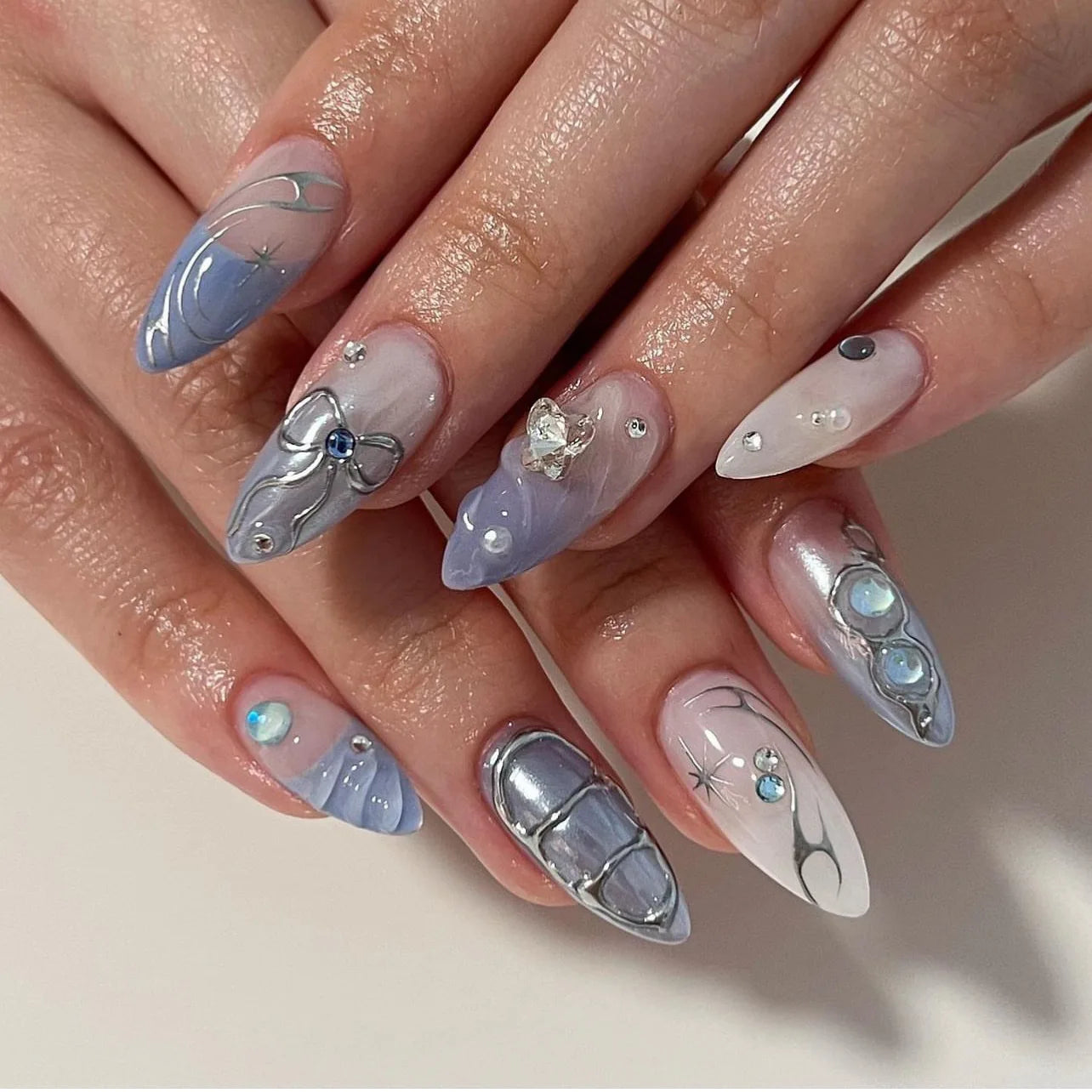 24Pcs 3D Bow French Press on Nails Set with Almond Design Long Stiletto Y2k Fake Nail Art Blue Wearable French False Nails Tips