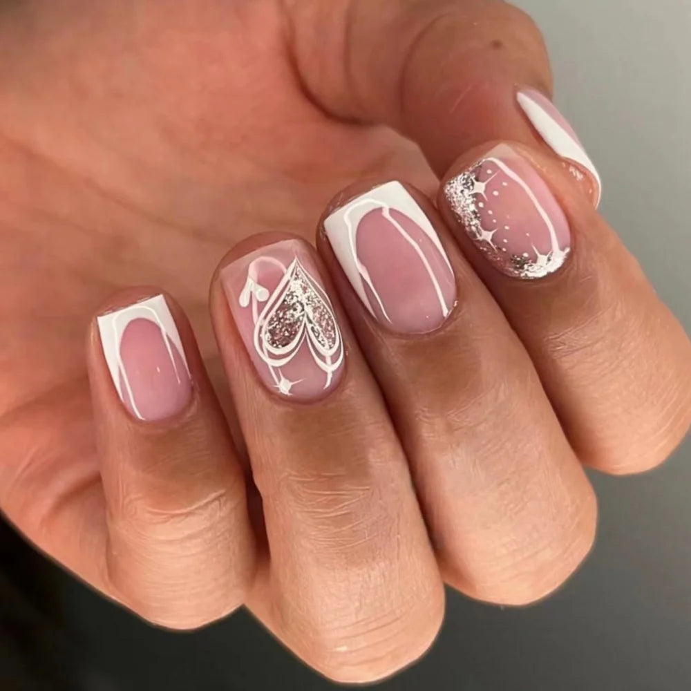 24pcs Flower Full Cover Nail with Pearl Design Mid-length Ballet False Nails Press on Square Fake Nail Tip Wearable Manicure Set