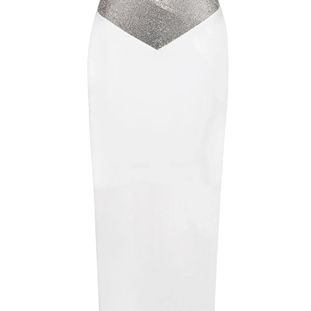 Saia midi bandagem justa branca e preta com cristais e diamantes, saia lápis de cintura alta para festa e boate, 77 cm