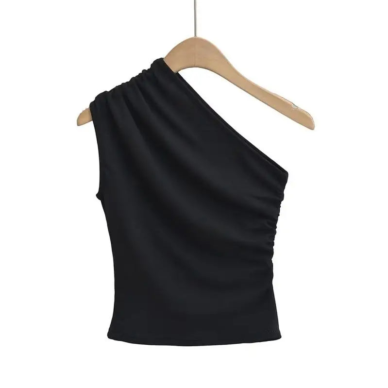 Wrinkle Sloping Shoulder Camisole Vest Women Clothes One-Shoulder Sleeveless Crop Top Skinny Sexy Solid All-matc One Shoulder Black