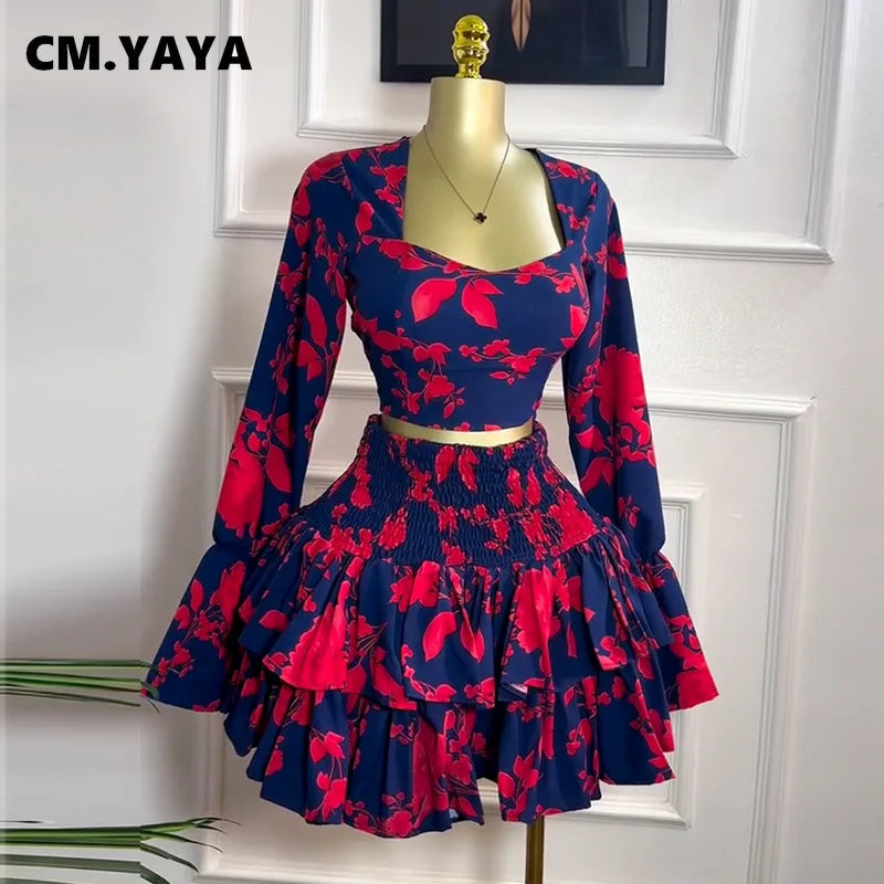 CM.YAYA Beach Women Set Street Print Long Sleeve Shirts + Pleated Ruffles Mini Skirts Suits 2025 Party Street Two 2 Piece Sets