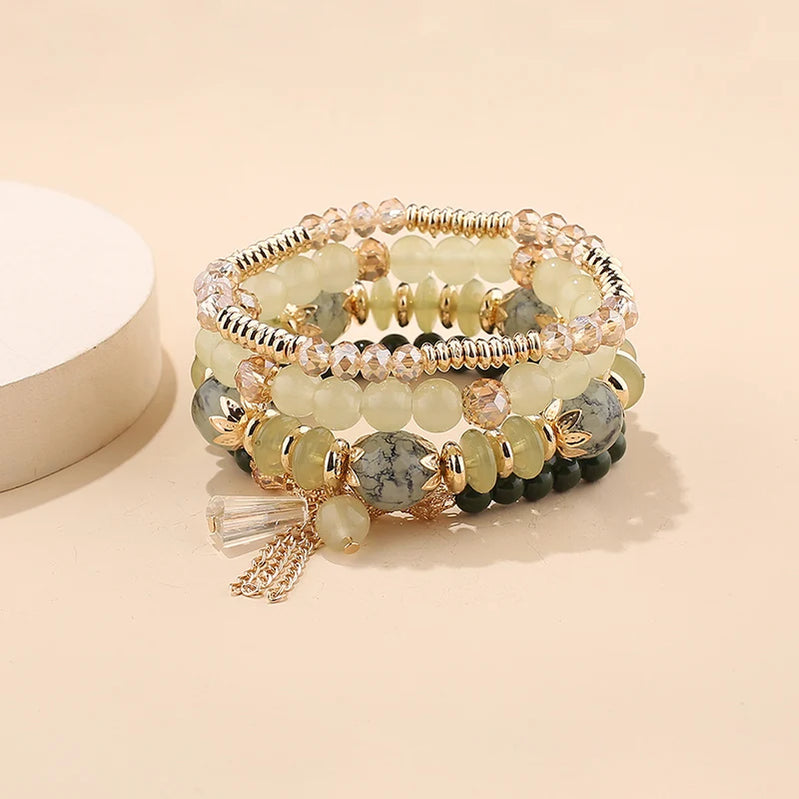 4Pcs Bohemian Women Pink Tassel Bracelet Set For Female I Love You Feather Round Charm Beads Chain Bangle Fashion Party Jewelry BR133-14