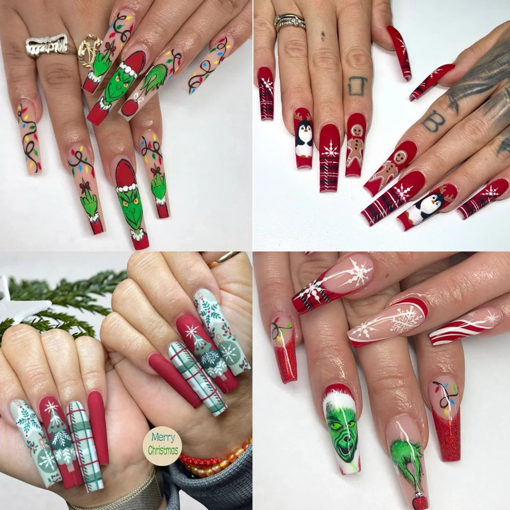 3D fake nails for Christmas party long french coffin tips snowflake christmas tree faux ongles press on acrylic false nail set