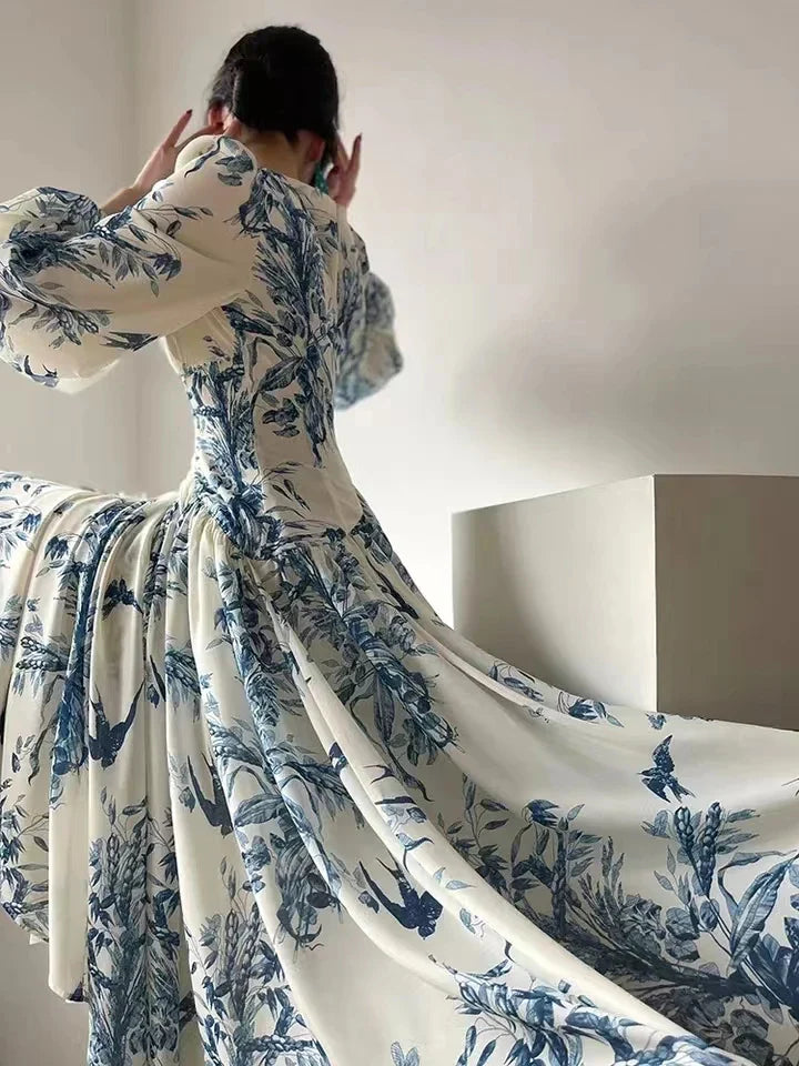 Fashion Designer Floral Beading High Waist A Line Party Women Vintage Elegant Lantern Sleeve Chic Casual Beach Holiday Dresses