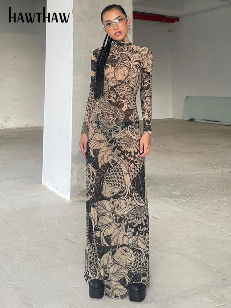 Women Autumn Winter Long Sleeve Mesh See Through Streetwear Bodycon Long Dress