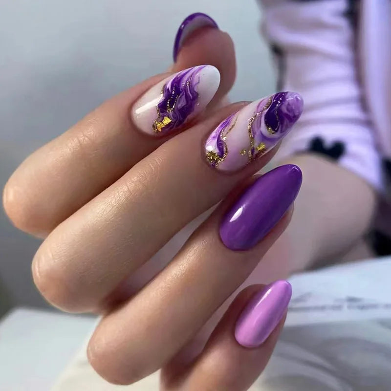 24Pcs 3D Cat-eye Dark Blue Design False Nails with Irregular Lines Spice Girl Detachable Nail Tips Short Oval Nails Set Press On