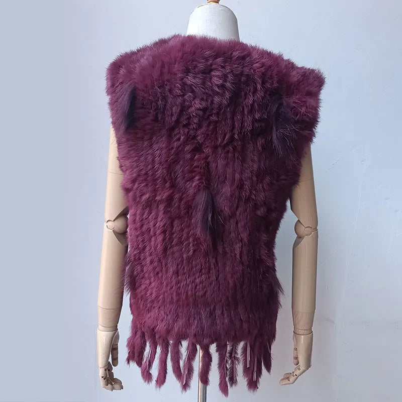 New Women Burgundy Knitted Real Fur vest with tassel V-neck fluffy Genuine Fur Gilet Hot Sale Natural Rabbit Waistcoat