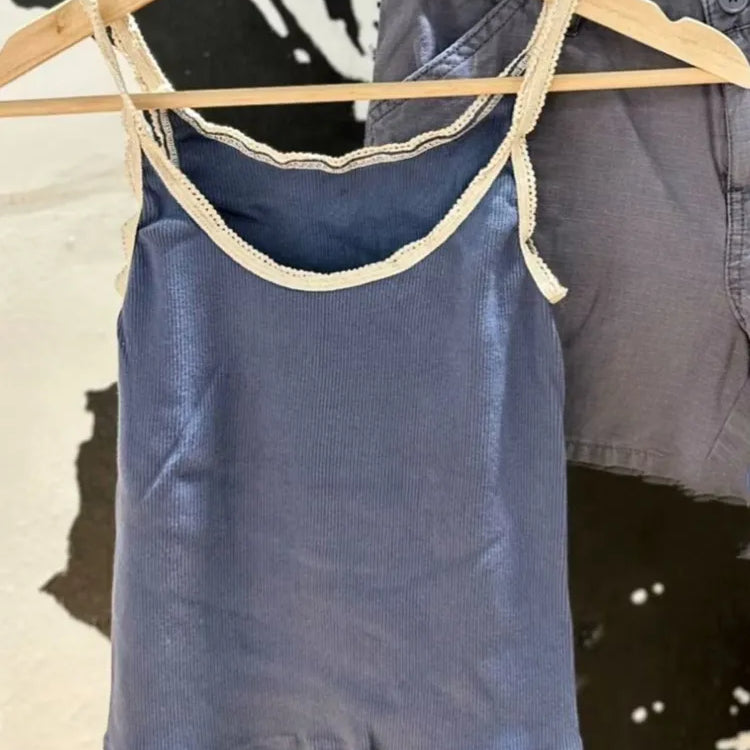 Casual Women Lace Edge Navy Camis Summer Casual Ladies Sleeveless Solid Color Female Chic Tops